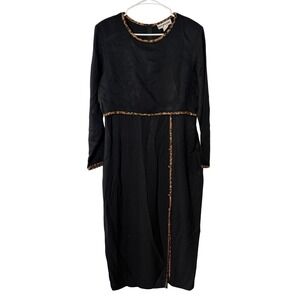 David Benjamin Vintage Black Midi Dress Leopard Print Trim Long Sleeve Size 12